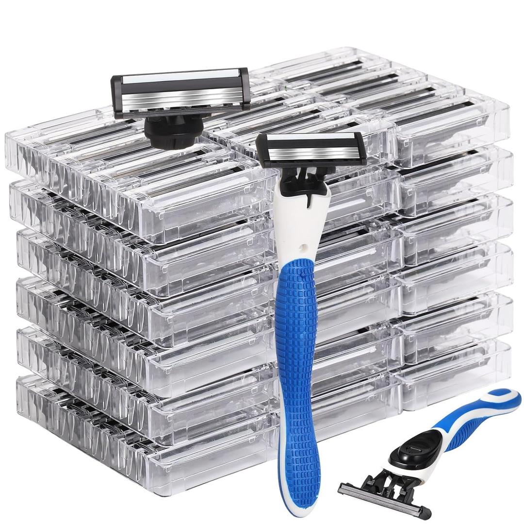 50 Pcs Refillable Three Blade Disposable Razors for Men Set Sensitive Skin Razor Travel Shave Set Shaving Gift Set, 2 Handle & 48 Cartridges