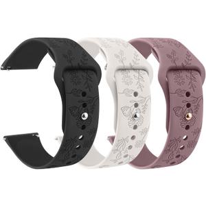 Meliya Silicone Watch Bands Quick Release 20mm Bands, Floral Engraved Soft Silicone Rubber Sport Replacement Watch Strap for Women Men, Black+Starlight+Smoke Purple