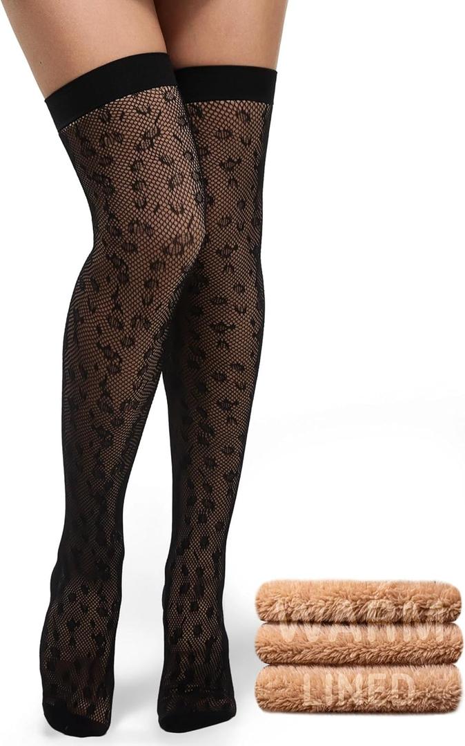 KBVOT Thigh High Socks Women Over Knee Boot Stockings Fleece Lined Sheer Thick Thermal Fake Translucent Long Leg Warmers