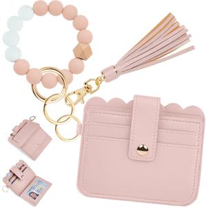 Lostars Wristlet Wallet for Women with Keychain  RFID Card Holder Small Wallet Wristlet with Key Ring (Pink)