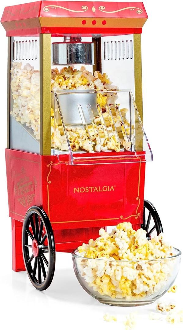 Nostalgia Vintage Hot-Air Popcorn Maker Machine - Makes Up to 12 Cups - Oil-Free - Healthier Popcorn - Classic Stand-Up Cart With Wheels - Includes Kernel Measuring Cup - Red
