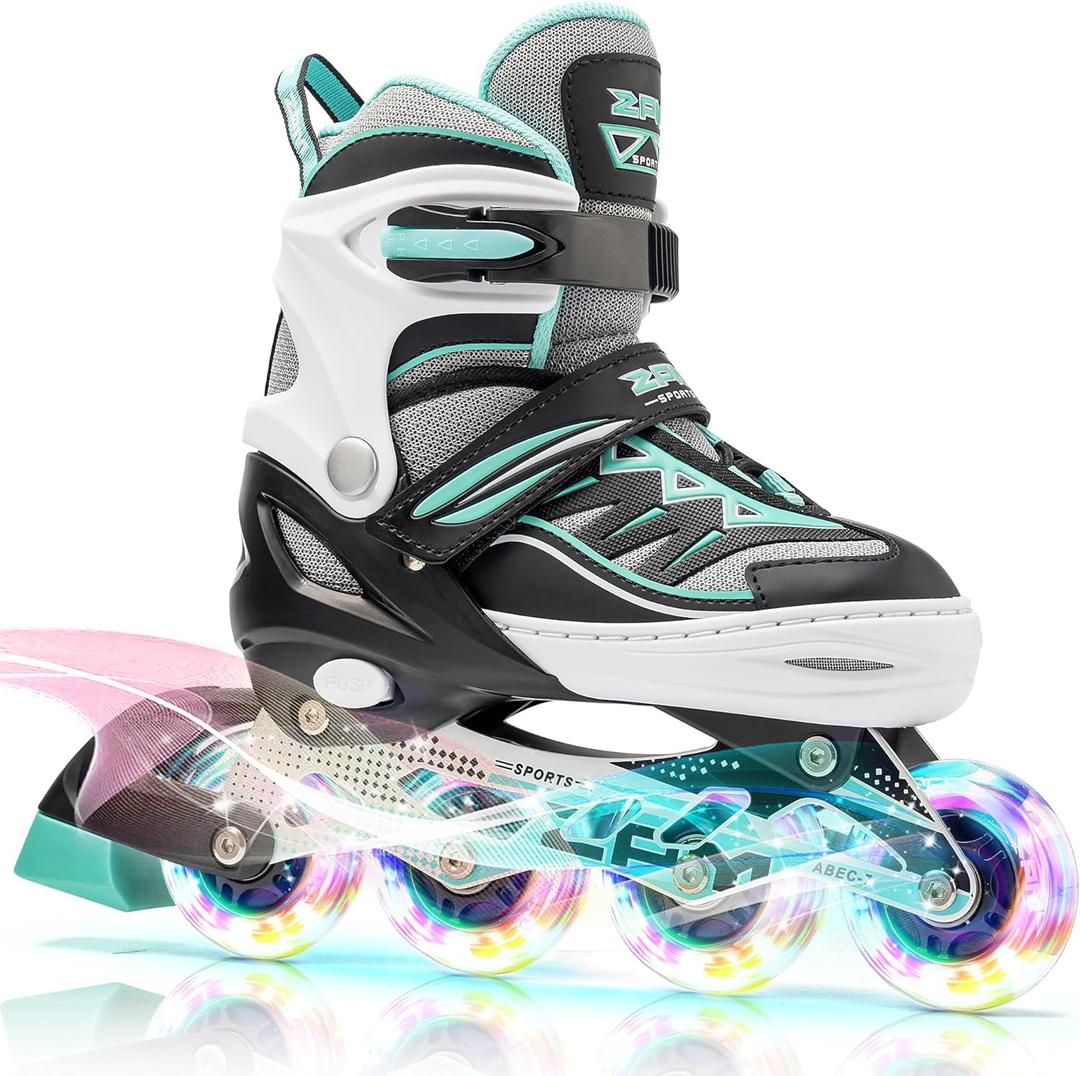 2PM SPORTS Cytia Pink Girls Adjustable Illuminating Inline Skates with Light up Wheels, Fun Flashing Beginner Roller Skates for Kids (Medium - Big Kid (13C-3 US), Mint)