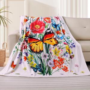 Floral Blanket Ultra Soft Butterfly Flowers Throw Blankets Wildflower Leaves Flannel Fleece Throw Watercolor Warm Cozy Fuzzy Plus Gift Cabin Blanket for Bed Sofa, 50" X 60" (Orange Butterlfy)