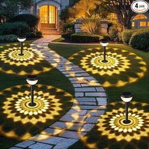 JEJOT 4 Pack Solar Flood Light, Security Lights,Pathway Lights with 2CCT(Warm and Cool) Light Modes,Bright Pattern Solar Decorative Lights Outdoor