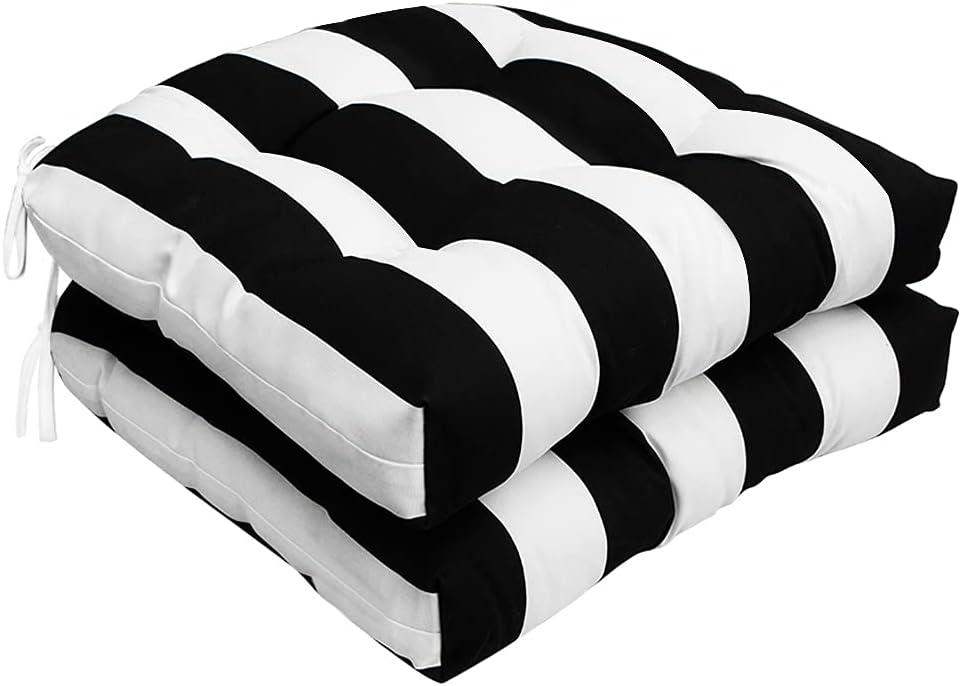 Outdoor/Indoor Wicker Seat Cushions All Weather 19 x 19 inches Outdoor Chair Pads,Black White,Set of 2 (Wicker Cushions) (Cushion With Ties)