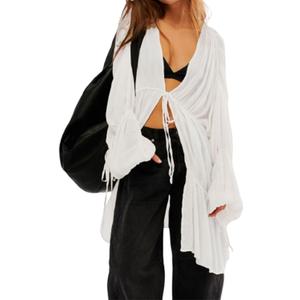 Summer Beach Cover Up Ruched Bell Sleeve Tops Women Bow Tie Front V Neck Shirt (White) L