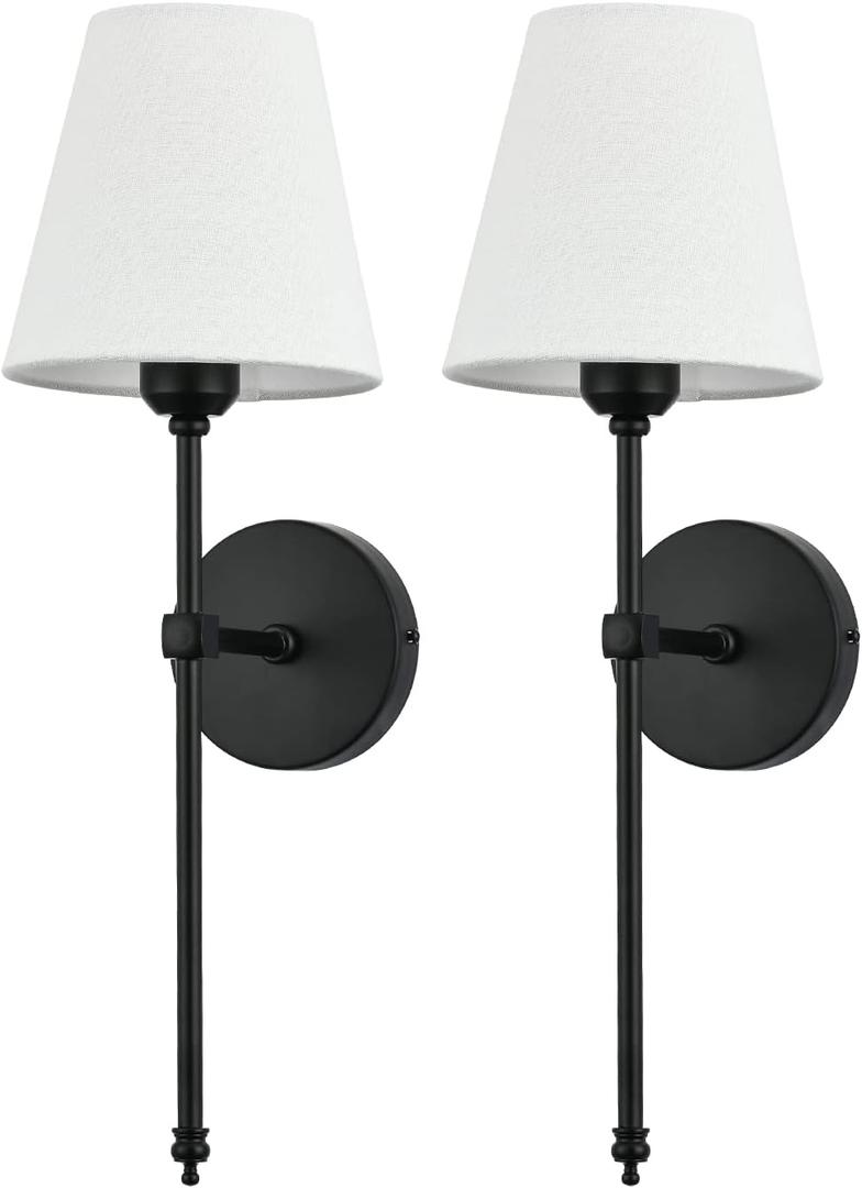 Bsmathom Wall Sconces Sets of 2, Rustic Industrial Wall Lamps, Hardwired Column Stand Sconces Wall Lighting, Bathroom Vanity Light Fixture with Fabric Shade for Bedroom Living Room Kitchen, Black