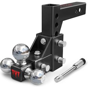 TYT Adjustable Tri-Ball Trailer Hitch for 2 inch Receiver, 5" Drop/Rise, Triple Balls (1-7/8", 2", 2-5/16"), 10,000 lbs GTW, 1,000 lbs TW, Includes Hitch Pin Lock & Tri Pins