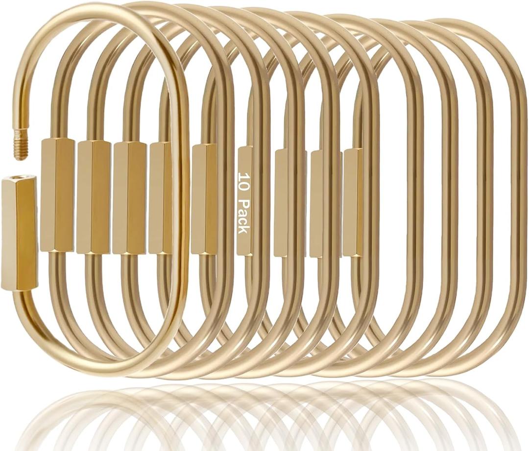 10 Pcs Gold Brass Key Rings,Small Locking Carabiner Clip Keychain,Screw Lock Oval Keyring,Purse Bag Charms Holder for Handbag