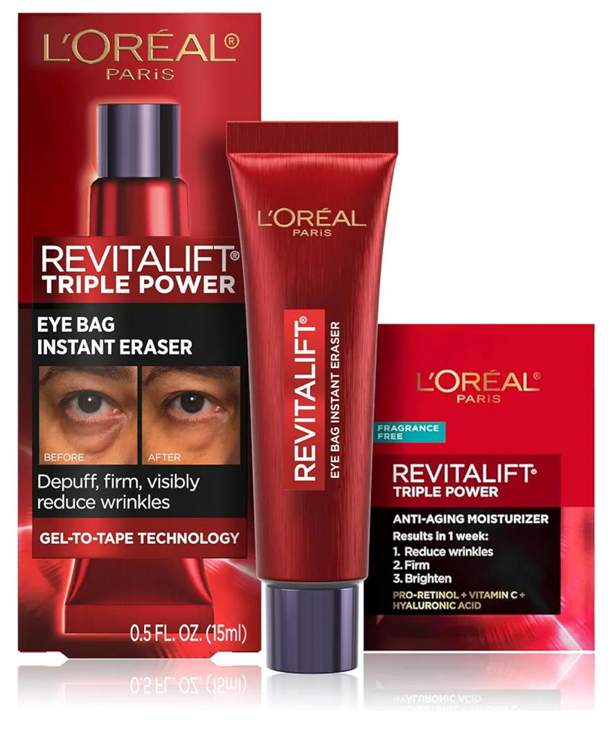 L'Oreal Paris Revitalift Triple Power Eye Bag Instant Eraser, Eye Tightener Treatment to Firm Bags, 0.5 oz + Sample