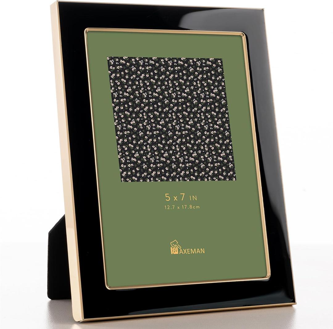 Axeman 5x7 Enamel Picture Frames with Tempered Glass|5 x 7 Modern Photo Frame with Gold Metal Edge Velvet Back for Tabletop and Wall Mount Display for Shelf, Desk & Countertop Decor, Black