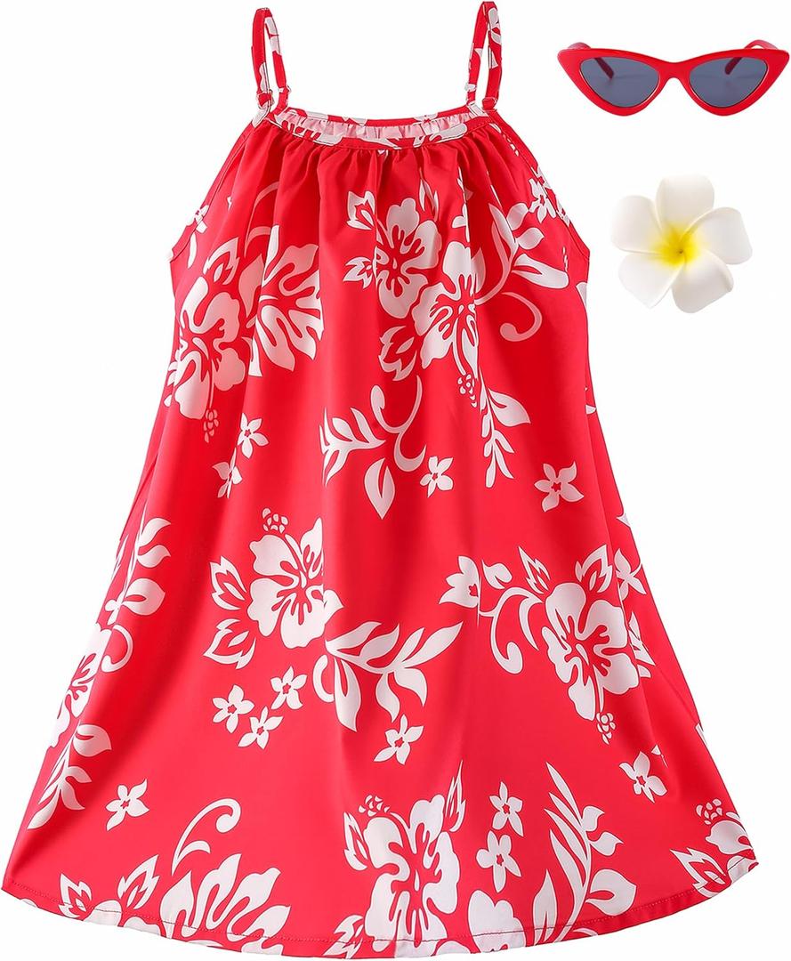 QRT Hawaiian Girls Red Dress CostumeSunglasses Flower Hair Clip,Princess Sundress Halloween Cosplay Beach Party Outfit (110)