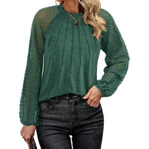 KIRUNDO Womens Tops 2025 Trendy Spring Lace Long Sleeve Dressy Casual Blouses Pleated Business Work Shirts Clothing(Green, Small) (Green, S)