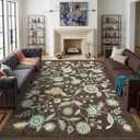 Garvee Gray Brown Floral 9x12 Area Rugs for Living Room Bedroom | Vintage Washable Low-Pile Non-Slip Carpet Soft Stain Resistant Rug for Large Room Bathroom Botanical Boho Rug TPE Backing