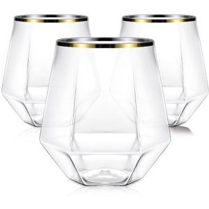 40 Pcak Plastic Stemless Wine cocktail Whiskey Champagne Glasses, 12 Oz Gold Rim Disposable Clear Unbreakable Cups for Party Bars Wedding Tasting (Diamond-shaped)