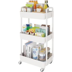Laiensia 3-Tier Rolling Cart with Wheels, Multifunction Utility Storage Carts, Kitchen Storage Organizer, Mobile Shelving Unit for Bathroom, Laundry, with Classified Stickers, White