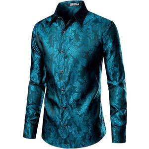 ZEROYAA Men's Paisley Jacquard Slim Fit Long Sleeve Button Up Dress Shirt for Party Prom ZLCL28Turquoise XLarge