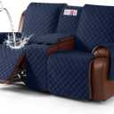 KinCam 100% Waterproof Recliner Loveseat Cover with Console, Non-Slip Reclining Couch Covers for 2 Seat, Recliner Sofa Cover Furniture Protector with Elastic Straps for Kids, Pets, Dark Blue