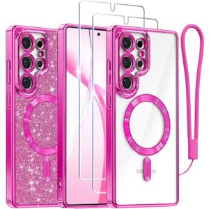 Meifigno Case Designed for Samsung Galaxy S25 Ultra 6.9 inch, [Compatible with MagSafe] [2X HD Screen Protectors] [Glitter Card & Wrist Strap] Full Lens Protection Case for Galaxy S25 Ultra, Hot Pink