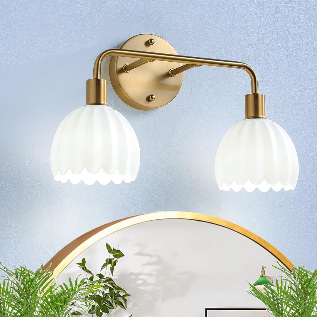 2-Light Gold Brass Bathroom Light Fixture,Wall Sconces,Brushed Gold Vanlity Light Over Mirror,Bathroom Vanity Light with White Glass Flower Shade,E26 Socket(Bulbs Not Included)