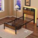 Twin Bed Frame with Charging Station and LED Lights, Heavy Duty Platform Beds Twin Size with Storage Headboard, USB Port, Rustic Wood and Strong Metal Support, No Box Spring Needed, Noise Free