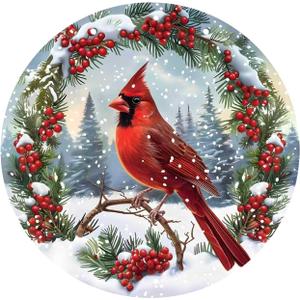 Red Cardinal Christmas Sign  8 Inch Round Aluminum Winter Bird Wall Dcor with Snowy Forest and Holly Wreath  Holiday Home Decoration &Christmas Gift
