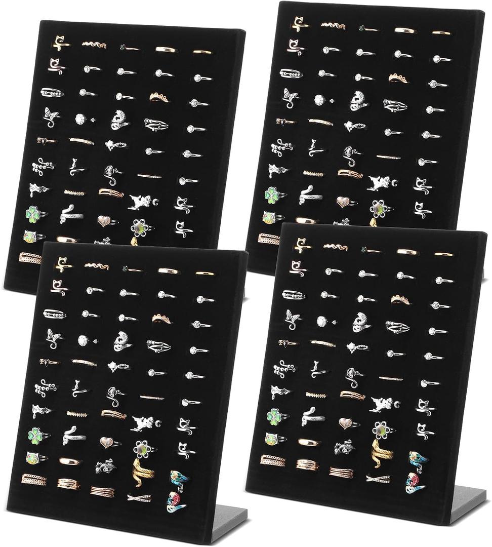 4 Pcs Black Velvet Ring Display Stand, 50 Slots L-Shaped Jewelry Organizer Tray for Selling Earrings Rings Retail Home Counter