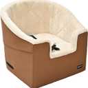 Amazon Basics Pet Car Booster Bucket Seat for Small Pets up to 25lbs, Machine Washable Cover, Clip-On Safety Leash, 18" x 18" x 16", Tan
