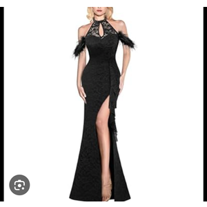 VFSHOW Womens Formal Prom Beaded Halter Neck Keyhole Maxi Dress Feather Cold Shoulder Ruffle High Slit Evening Gown S