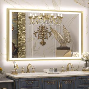 TETOTE LED Bathroom Mirror with Lights Gold Metal Framed 40x24 Frontlit & Backlit Vanity Mirror Baroque Antifog Stepless Dimmable White/Warm/Natural,CRI90+,Waterproof,Wall Mounted(Horizontal/Vertical)