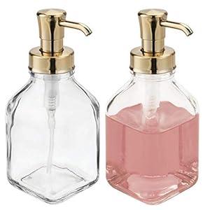 mDesign Square Glass Refillable Liquid Soap Dispenser Pump Bottle for Bathroom Vanity Countertop, Kitchen Sink - Holds Hand Soap, Dish Soap, Hand Sanitizer, Essential Oils - 2 Pack 