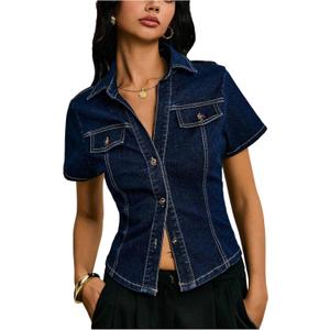 OYOANGLE Women's Short Sleeve Button Down Denim Jackets Collared Fitted Y2K Jean Shirt Tops 
Dark Wash S