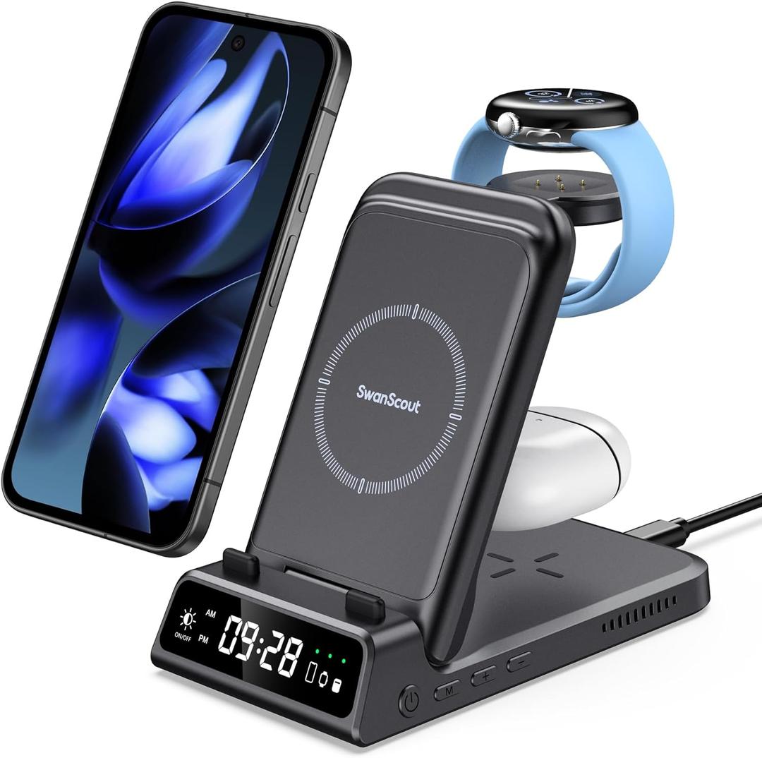 Wireless Charger Stand for Pixel Watch 3/2, 3 in 1 Charging Station for Google Pixel 9a/9 Pro/9/8/7/6/5/4/Samsung/iPhone, Pixel Buds Pro 2, SwanScout 703G2 (No Adapter), (Not for Pixel Watch 4/1)