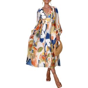 Women's Long Sleeve Floral Maxi Dress 2026 Spring Summer Wedding Guest Dress (Large, C#blue-watercolor Print)