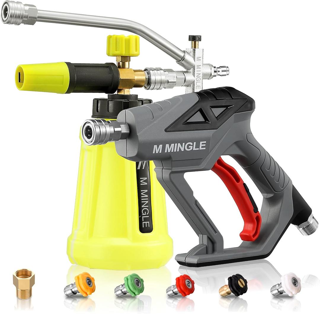 M MINGLE High Pressure Washer Gun with Foam Cannon, Foam Cannon Dual Connector Accessory, Car Wash Foam Gun Kit 1/4 Inch Quick Connector, 5 Pressure Washer Nozzle Tips