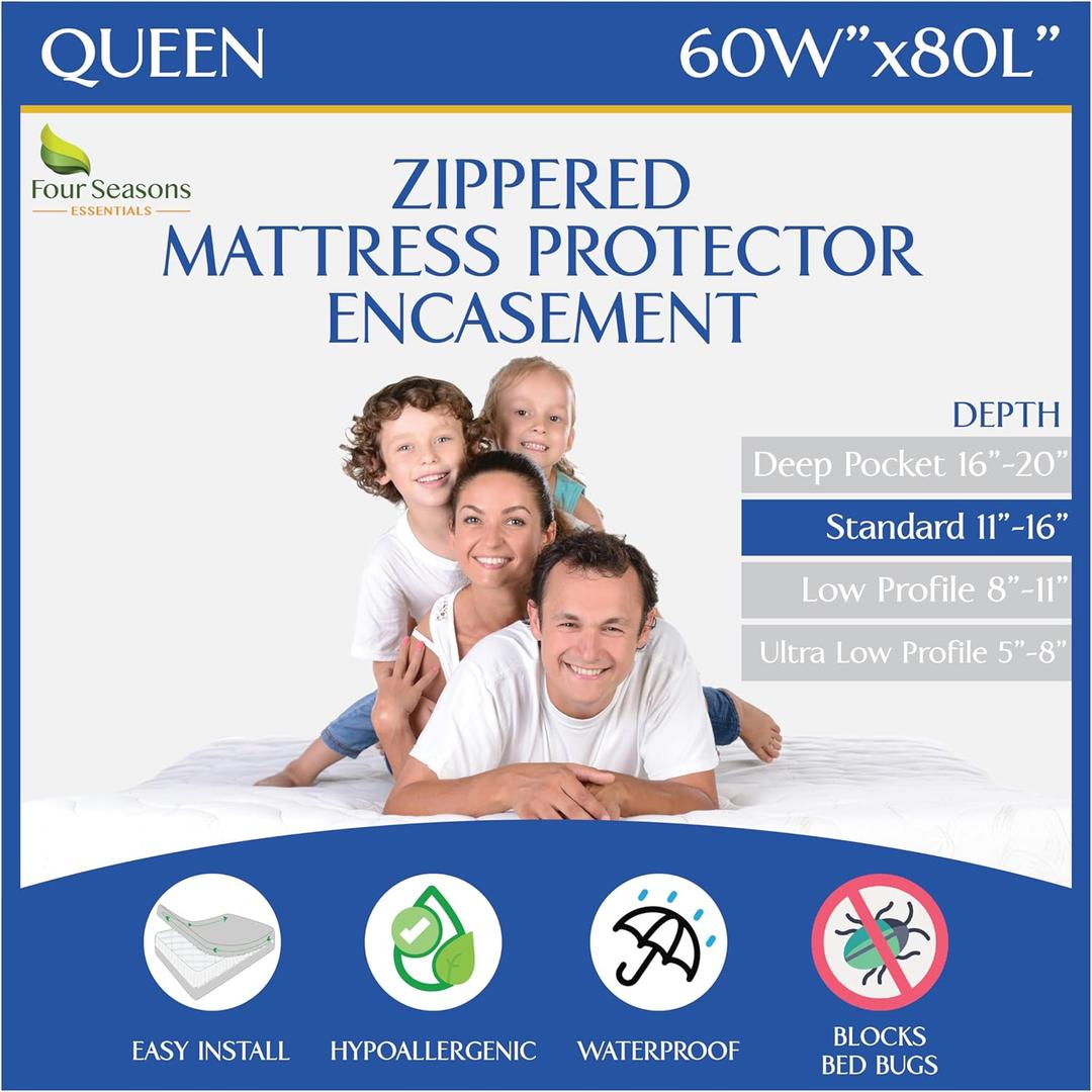 Four Seasons Essentials Queen Mattress Protector - Zippered Bedbug Waterproof Mattress Cover, Premium Quality Hypoallergenic Bed Encasement White