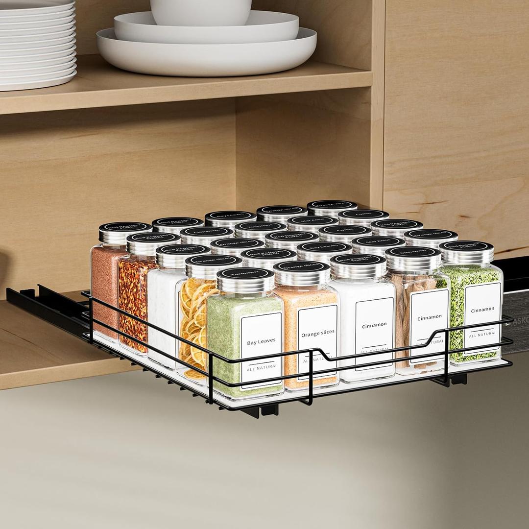 BOIVSHI Pull Out Spice Rack, Slide Out Spice Rack for Cabinet, Spice Organizer for Kitchen and Pantry, Fits Spices, Sauces, Canned Food, Black (10.5''Wx10.5''Dx2.5''H)