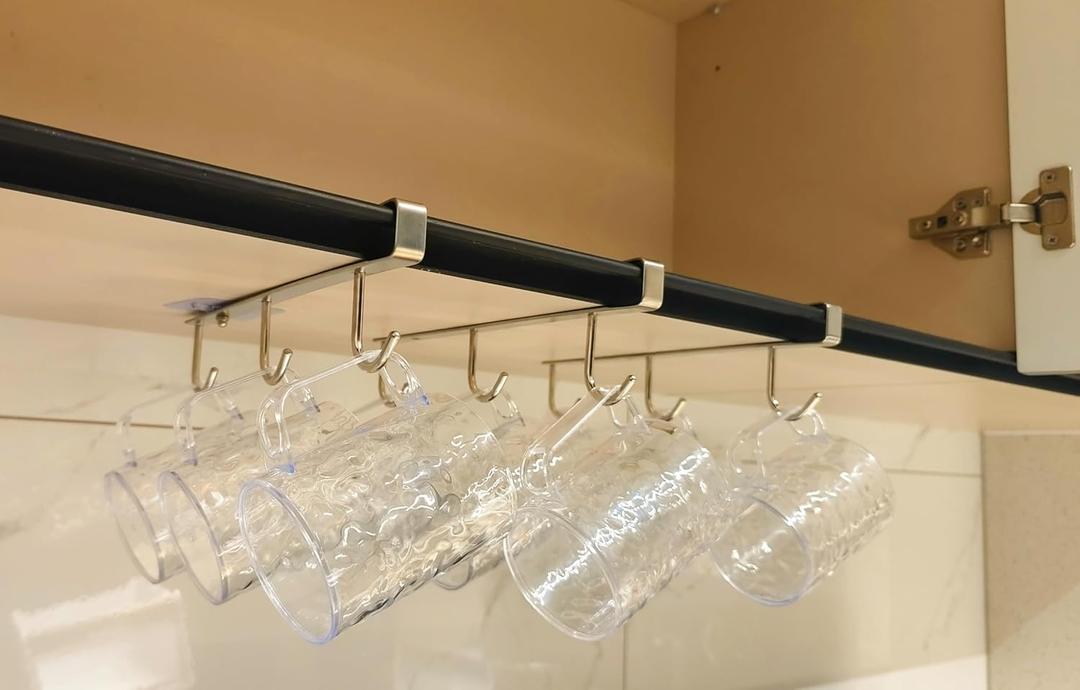 Mug Hooks Under Cabinet , 304 Stainless Steel Cup Hooks for Hanging Under Shelf, Mug Organizer Rack with 9 Hooks for Displaying Mugs, Coffee Cups and Kitchen Utensils,Fit for 0.8" or Less thickness (3PCS)