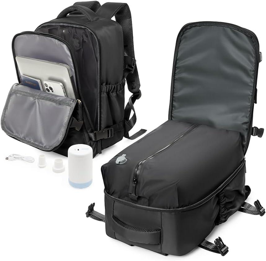 winspansy Small Travel Backpack Storage Vacuum Compression Bags with Pump for Travel Storage Carry on Business Day Vacpack Backpack for Women Men with Vacuum College Bag Black (42*29*15CM)