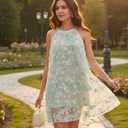 Women's Halter Butterfly Embroidered Tulle Mini Dress A-Line Swing Floral Fairycore Party Wedding Guest Dress (Green, XL)
