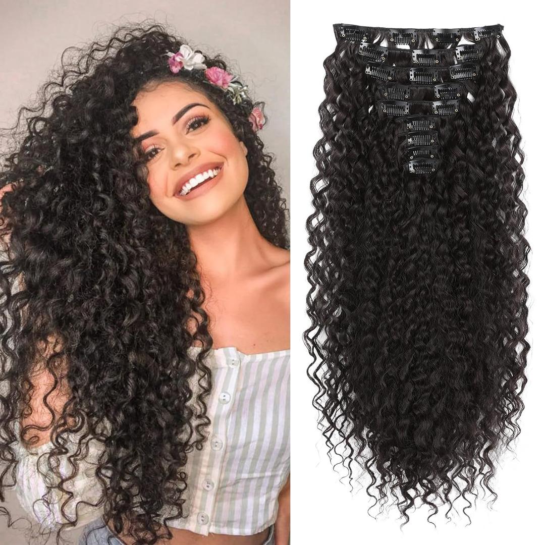 FLUFYMOOZ 9PCS Clip in Hair Extensions 22 Inch Curly Hair Extension Long Soft Synthetic Hairpieces for Women (Black Brown)