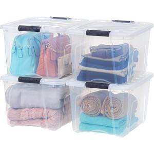 IRIS USA 40 Qt Stackable Plastic Storage Bins with Lids, 4 Pack - BPA-Free, Made in USA - See-Through Organizing Solution, Latches, Durable Nestable Containers, Secure Pull Handle - Clear