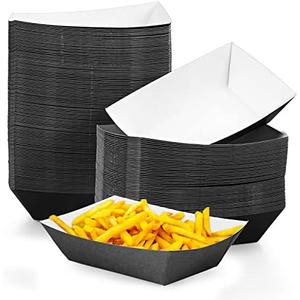 Yinkin 80 Pcs Paper Food Trays Boat Christmas 2lb Disposable Nacho Trays Kraft Paper Boat for Tacos Concession French Fries Snack Hot Dog BBQ Popcorn Wedding Christmas Party Supplies(Black)