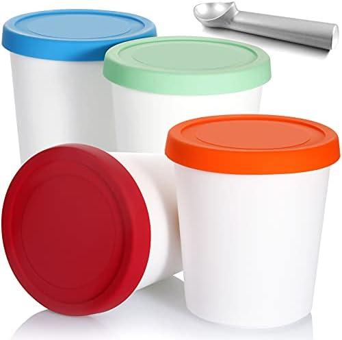 Nuenen 5 Pack Ice Cream Containers 1Qt Freezer Storage Tubs with Silicone Lids and Spoon for Homemade Ice Cream Reusable, Sorbet Dishwasher Safe(Blue, Red, Green, Orange)