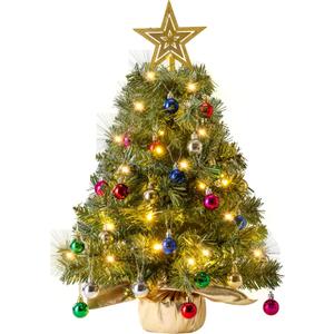 JOIEDOMI 24"/2FT Small Tabletop Christmas Tree with Lights with Star Treetop and Hanging Ornaments, Prelit Artificial Christmas Green LED Mini Tabletop Tree for Xmas Decorations Indoor Outdoor
