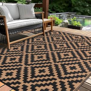 Outdoor Patio Plastic Straw Rug - 5'x8' Outdoor Camping Rug Waterproof Reversible, Area Carpet Patios Clearance RV, Outside Porch Balcony Deck for Camper, Black & Brown