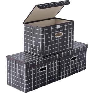 STOREONE Fabric Storage Cube Bins Foldable Organizer Container Collapsible Basket with Lids and Metal Handles, for Home, Bedroom, Closet 3 Pcs (Black grid)