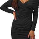 ZHUER Women's Sexy Off Shoulder Bodycon Dress Cross-Front V Neck Ruched Mini Dress Long Sleeve Stretch Party Club Dress
(Medium, Black)
