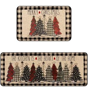 Christmas Kitchen Rugs Set of 2, Christmas Rugs for Kitchen, Buffalo Plaid Xmas Tree Merry Christmas Kitchen Mats, Winter Home Decor Low-Profile Kitchen Rugs, 16x24 and 16x47 Inch