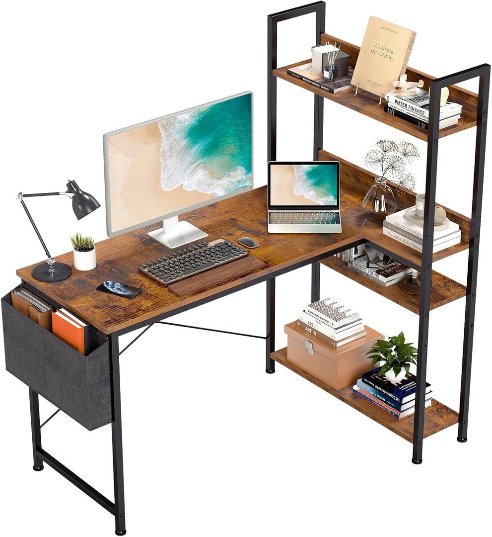 DUMOS L Shaped Desk Corner Computer Table 47 Inch, L-Shaped Gaming Desks with Storage Shelf Reversible, Wood Tables with Side Bag Adjustable Feet for 2 Monitors Small Space Home Office Bedroom, Brown